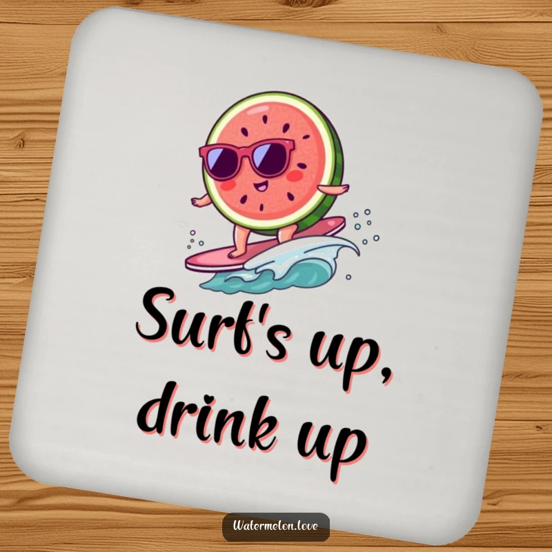 Funny kawaii watermelon slice with sunglasses surfing on a tiny wave, a humorous coaster set.