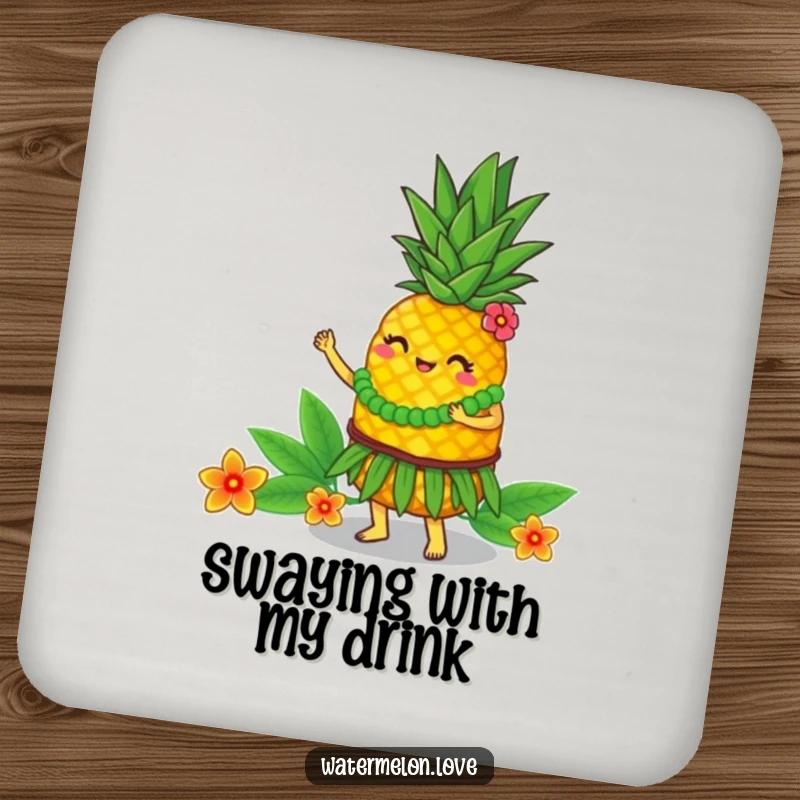 Funny Coasters: Pineapple dancing the hula, protecting surfaces with tropical charm, a cute funny gift.