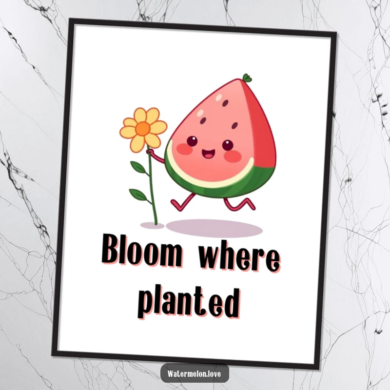 Funny kawaii watermelon character with legs skipping happily with a flower, showcased as vibrant wall art poster, a humorous decorative gift.