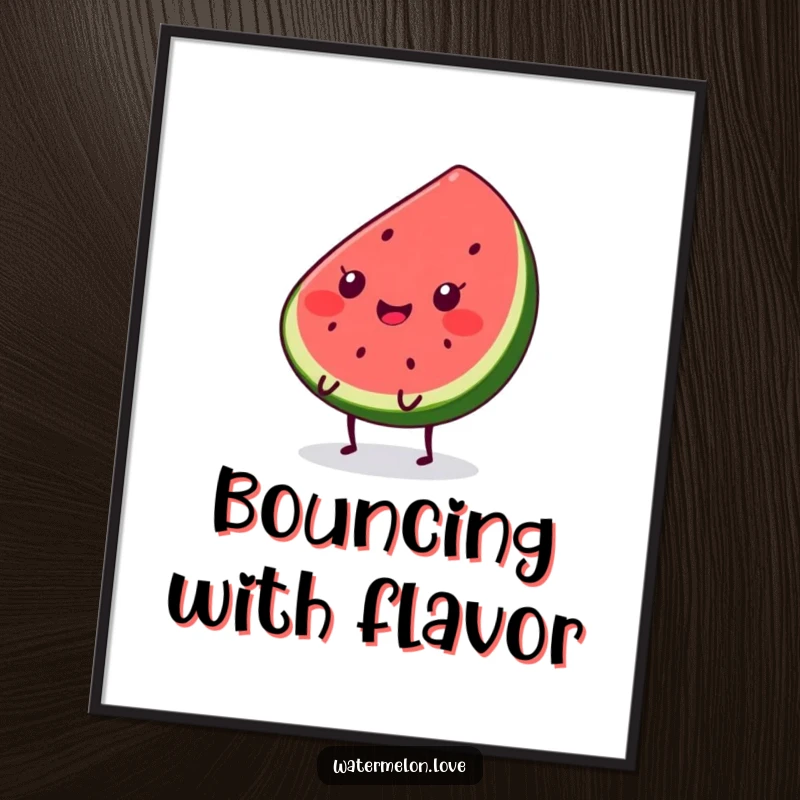 Funny Kawaii watermelon slice poster featuring a smiling character with tiny legs joyfully bouncing, adding a pop of color and humor.