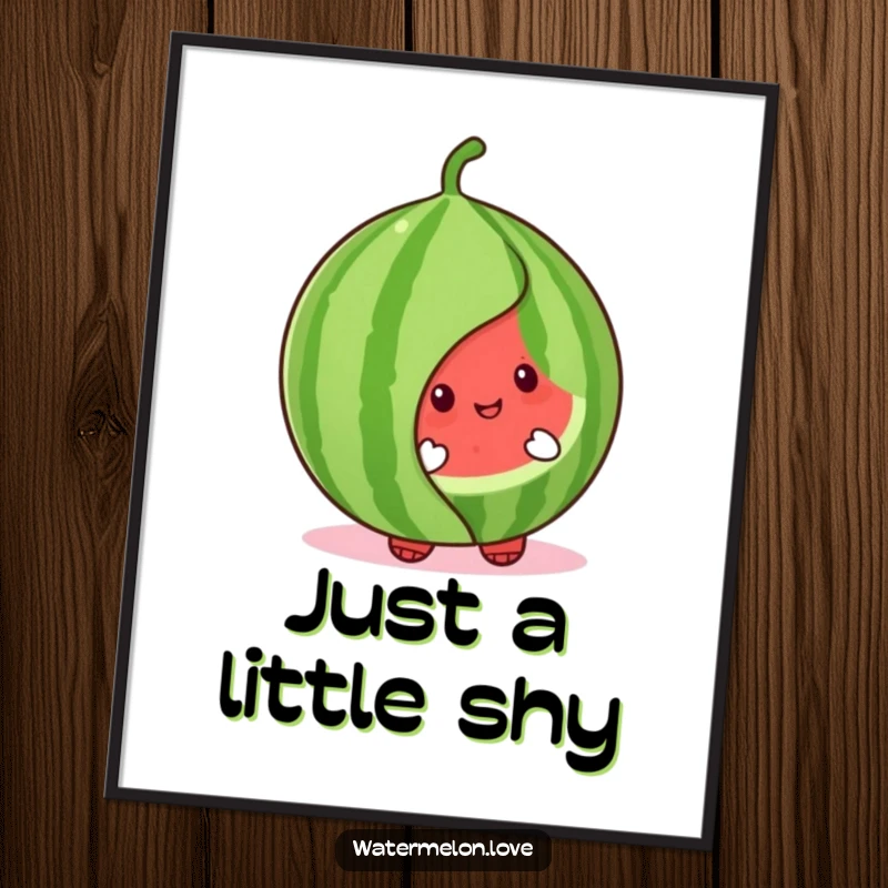 Cute watermelon character poster artfully peeking from behind a large, green, cheerful leaf, creating a sense of playful discovery.