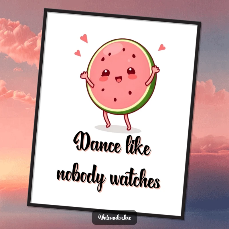 Funny poster art of a watermelon slice character in an exaggerated, gleeful dance pose, bringing infectious energy to the room.