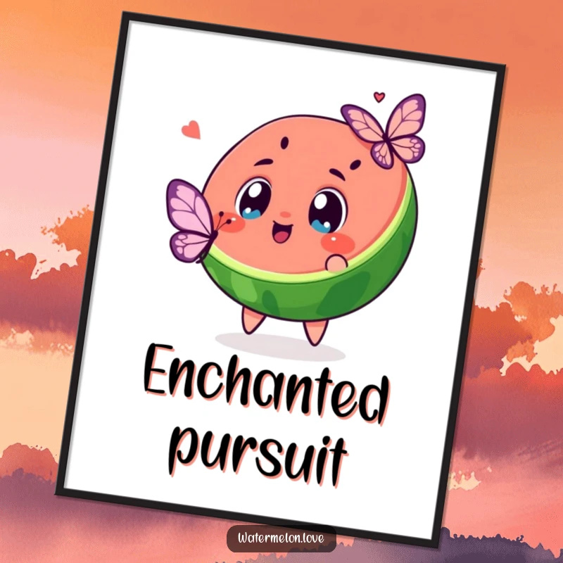Funny A2 poster print of a kawaii watermelon slice with wide, excited eyes chasing a butterfly.