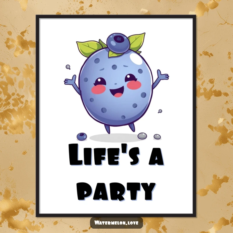 Funny poster depicting a cheerful anthropomorphic blueberry in the motion of juggling seeds, bringing playful energy to any wall.