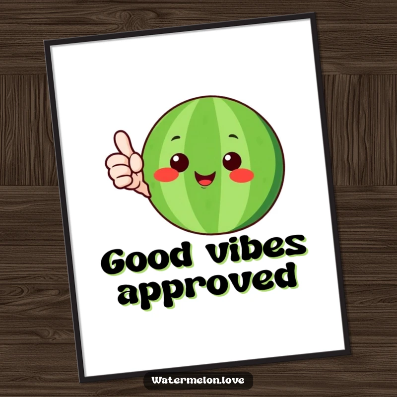 Funny watermelon character with green rind happily giving a thumbs-up, as vibrant wall art poster, a humorous and positive gift.
