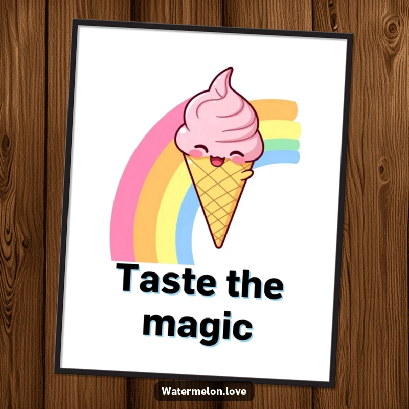 Funny poster art of a winking anthropomorphic ice cream cone sliding down a vibrant rainbow, spreading happiness.