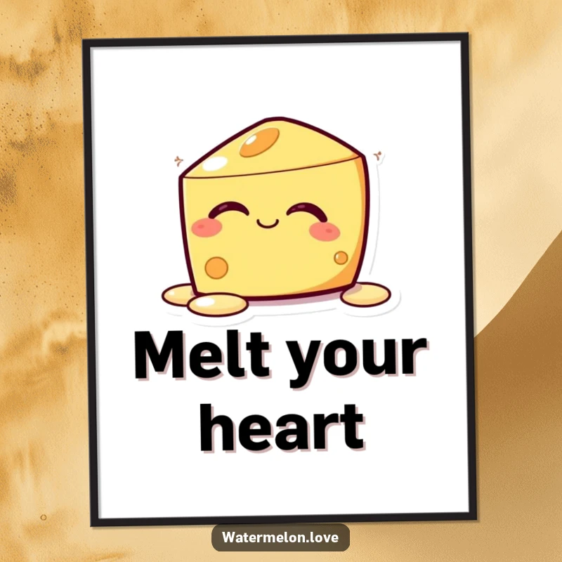 Funny Kawaii Melting Cheese Poster: A cheese character blissfully melting with eyes closed, bringing a humorous and relaxed vibe.
