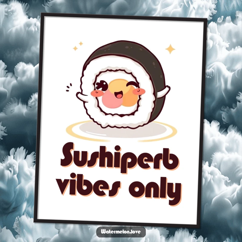 Funny Kawaii Sushi Roll Poster: A cute sushi roll character winking, bringing a dynamic and humorous element to any wall.