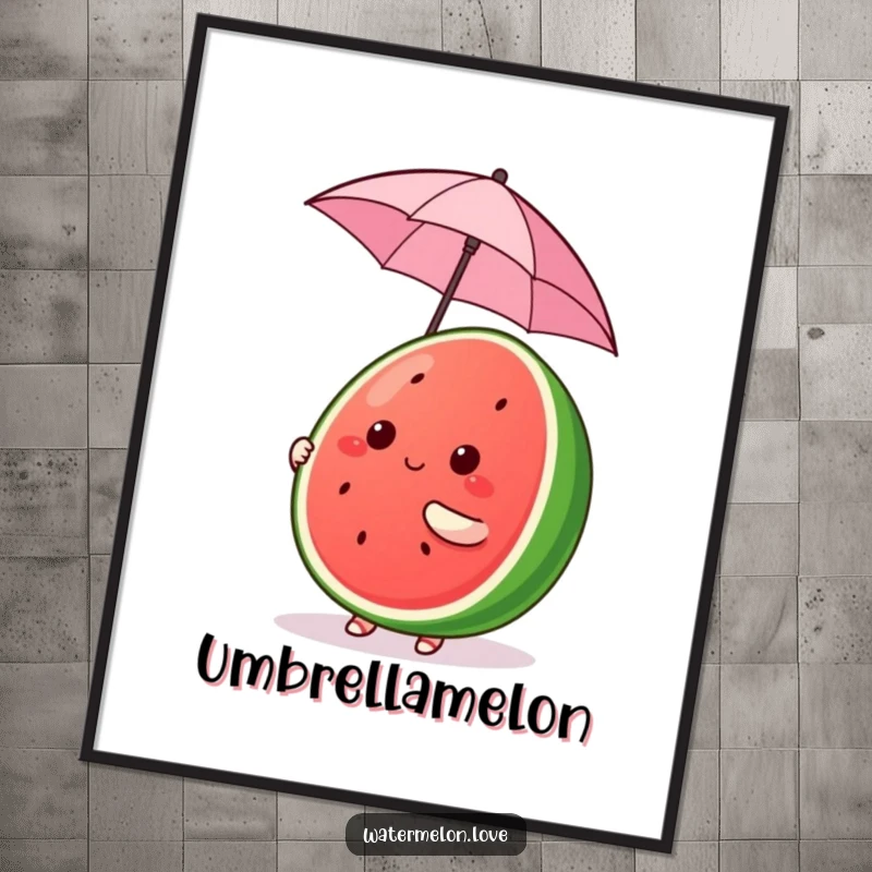 Funny Kawaii Watermelon Poster, cute fruit character comically balancing a tiny umbrella, whimsical and funny wall art.