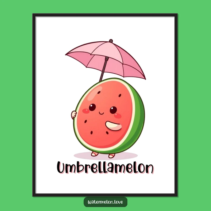 Funny Kawaii Watermelon Art Print - Umbrella Balance - Whimsical Wall Decor Funny Gift