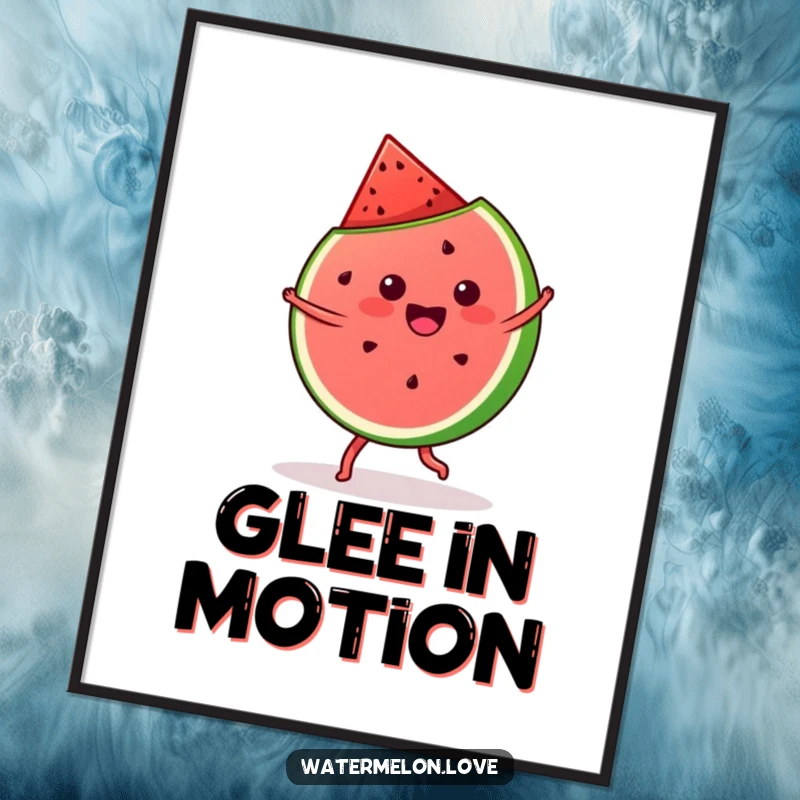 Funny A2 poster print of a kawaii watermelon slice doing a cartwheel with a gleeful expression.