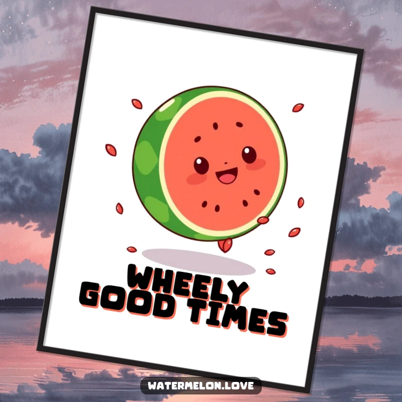 Funny poster print of a round Kawaii watermelon character doing a cartwheel, seeds flying, creating a dynamic and cheerful piece of wall art.