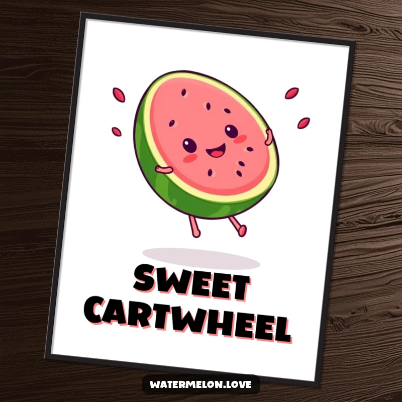 Funny Kawaii smiling watermelon slice doing a cartwheel, seeds flying, a humorous and energetic piece of summer artwork.