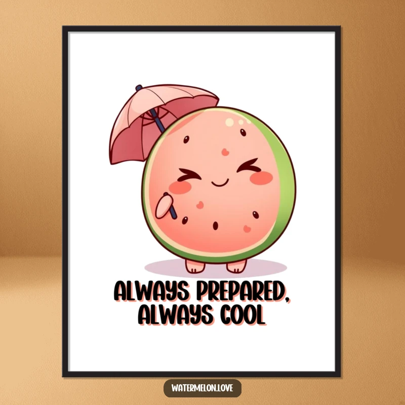 Funny Kawaii watermelon slice poster winking and holding a tiny umbrella, adding mischievous humor to walls.