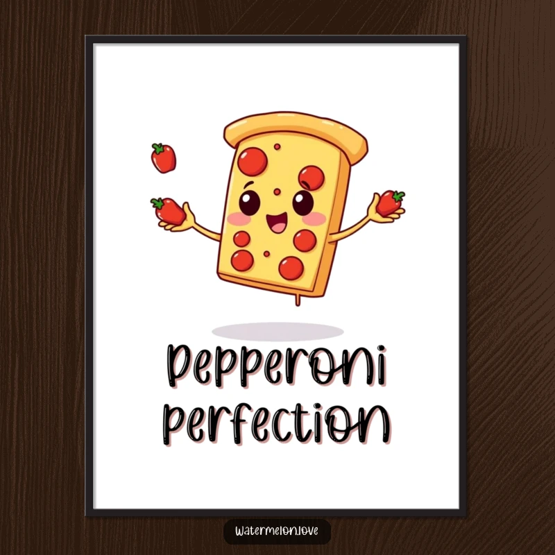 Funny pizza poster, cheerful artwork of anthropomorphic pizza slice juggling pepperoni, colorful and appetizing wall art.