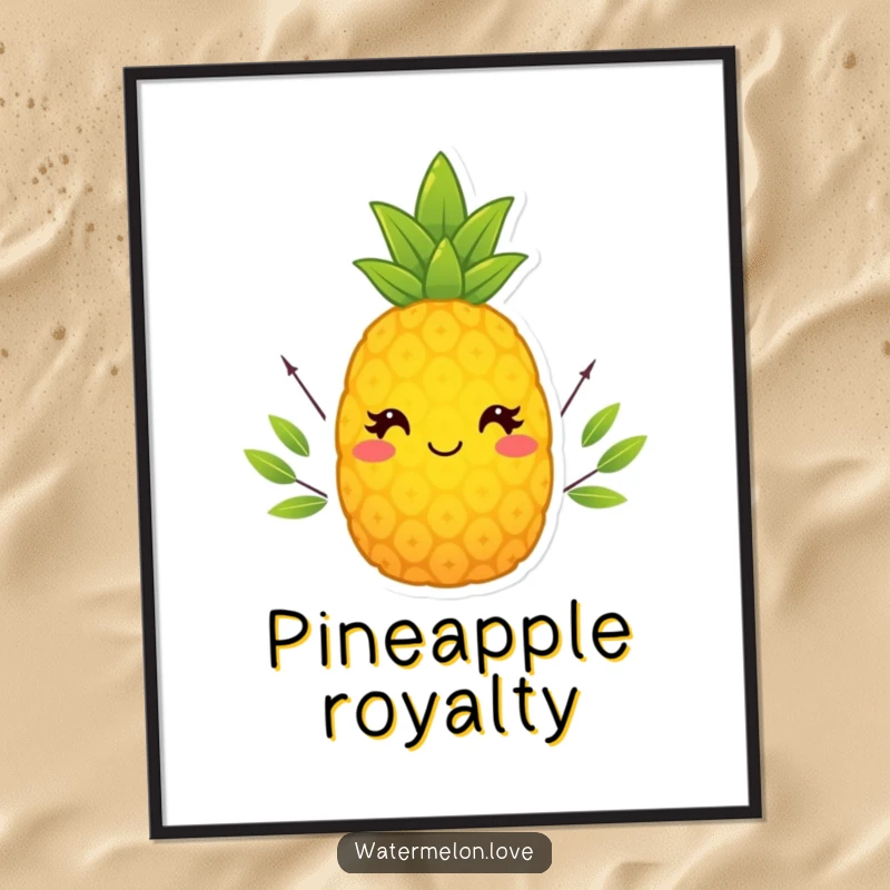 Funny Pineapple Poster featuring a smiling fruit character with a tiny leafy crown, adding tropical humor.