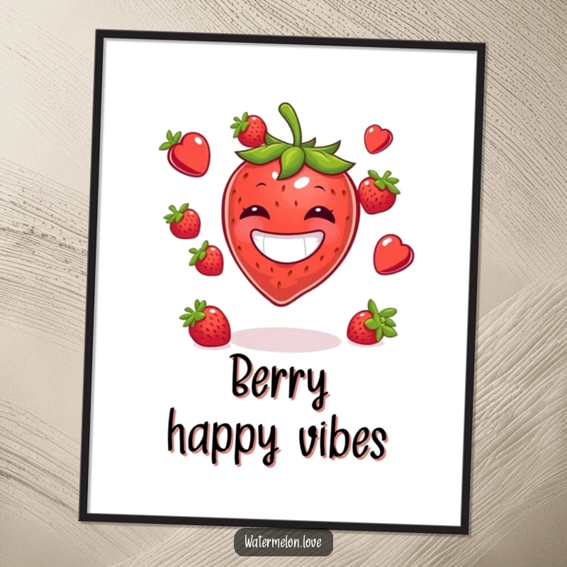 Funny poster print of a gleeful strawberry juggling multiple berries with an exaggerated, happy grin.