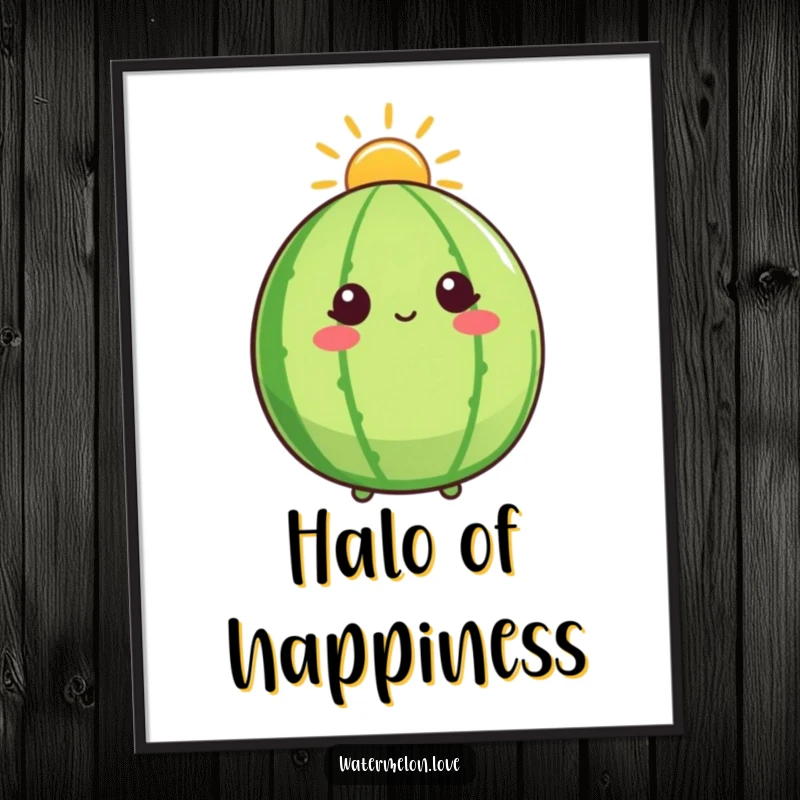 Funny poster art of a watermelon character serene under a bright sunshine halo, gazing upwards with a blissful, hopeful expression.