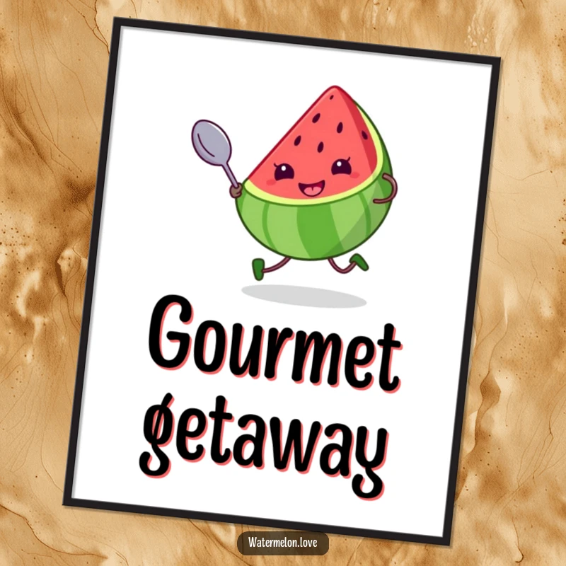 Funny poster showcasing a kawaii watermelon slice with a cheeky grin, running at full speed with an enormous spoon, a comical illustration.