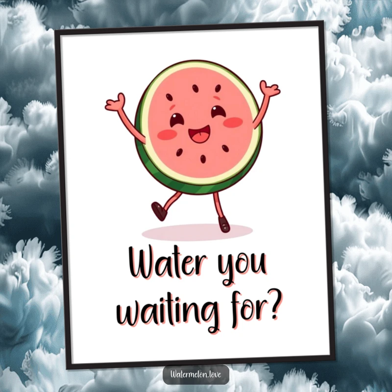 Funny watermelon slice poster illustrating an energetic, silly, bouncy dance, bringing a cheerful and playful vibe to any wall decor.
