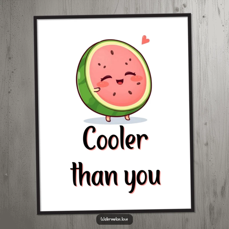 Funny watermelon poster, a wobbly anthropomorphic slice with eyes closed, enjoying a cool breeze, perfect for calming wall decor.