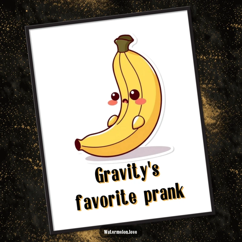 Funny poster illustrating an anthropomorphic banana peel mid-slip with a comical, surprised expression, ideal for humorous wall decor.