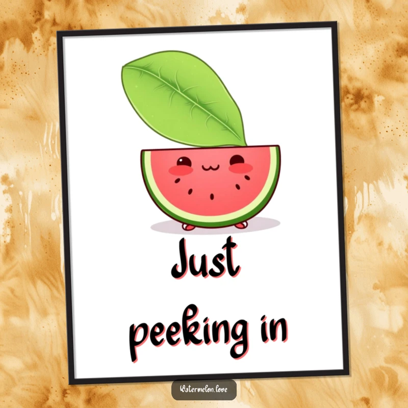 Funny poster art of a blushing Kawaii watermelon slice hiding behind a large leaf, creating a scene of cute shyness and fruity allure.