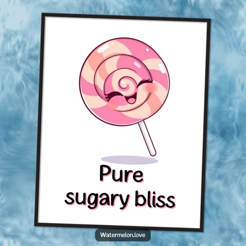 Funny poster of a winking anthropomorphic lollipop spinning happily, perfect for adding a touch of sweet and playful decor.