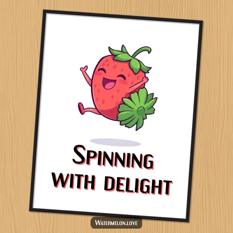 Funny, giggling anthropomorphic strawberry captured mid-cartwheel with infectious energy, perfect for playful wall decor.