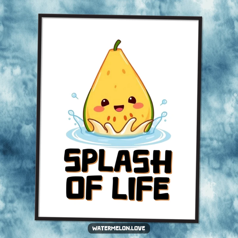 Funny melon poster, a cheerful anthropomorphic wedge gleefully splashing in a water droplet, perfect for refreshing wall decor.