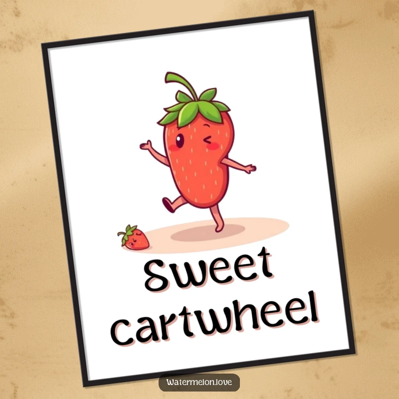 Funny strawberry poster, eye-catching art of anthropomorphic fruit doing a cartwheel, energetic and cheerful wall decor.