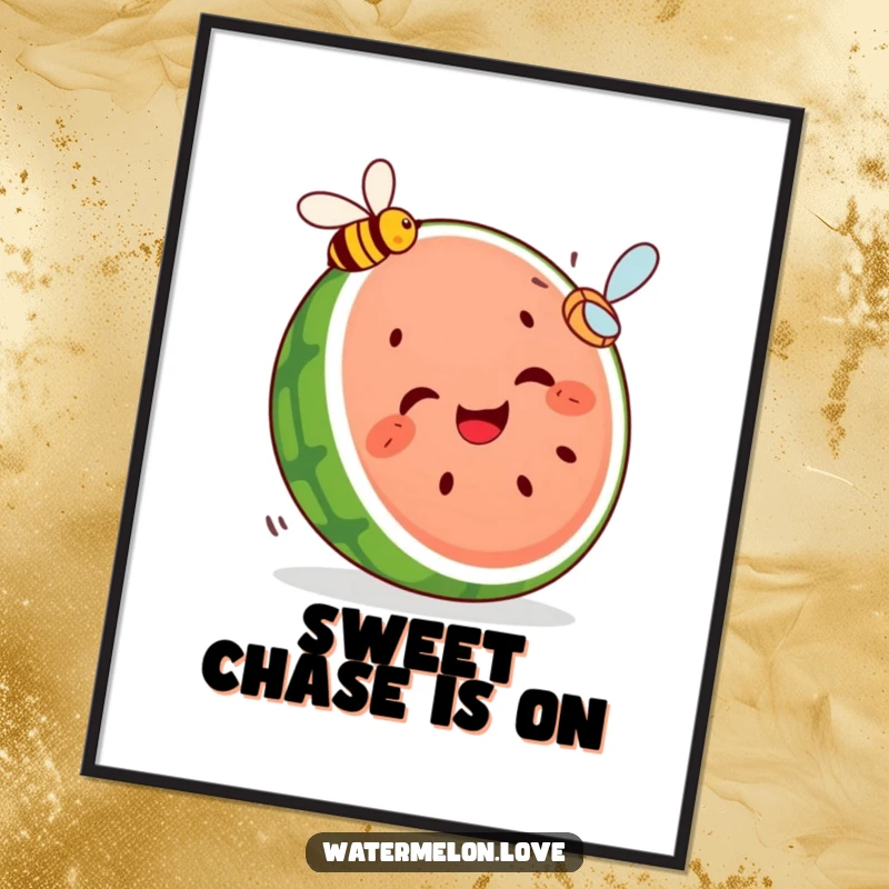 Funny art poster of a giggling segmented watermelon slice playfully chasing a flying bee, capturing a moment of lighthearted fun and cartoon whimsy.