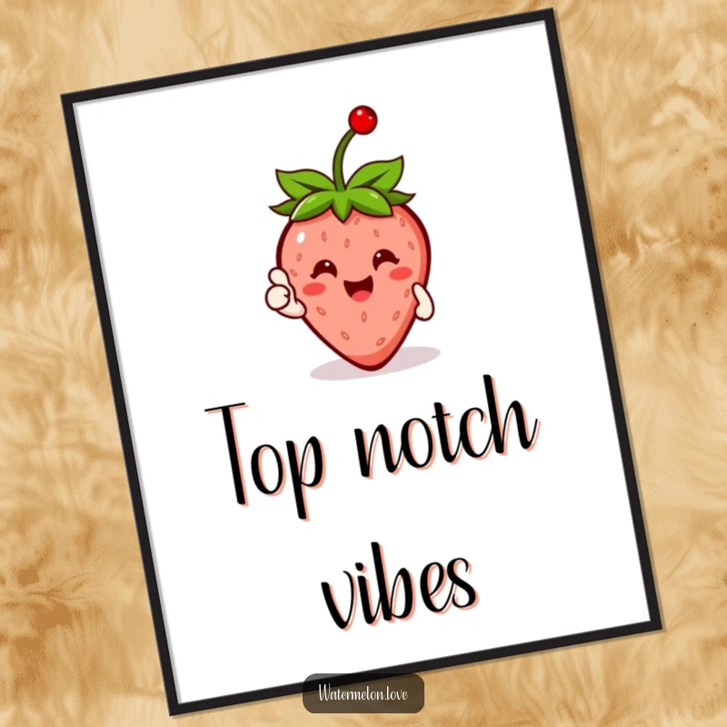 Funny Strawberry Poster featuring a happy fruit character with a cherry, giving a thumbs up, adding vibrant humor.