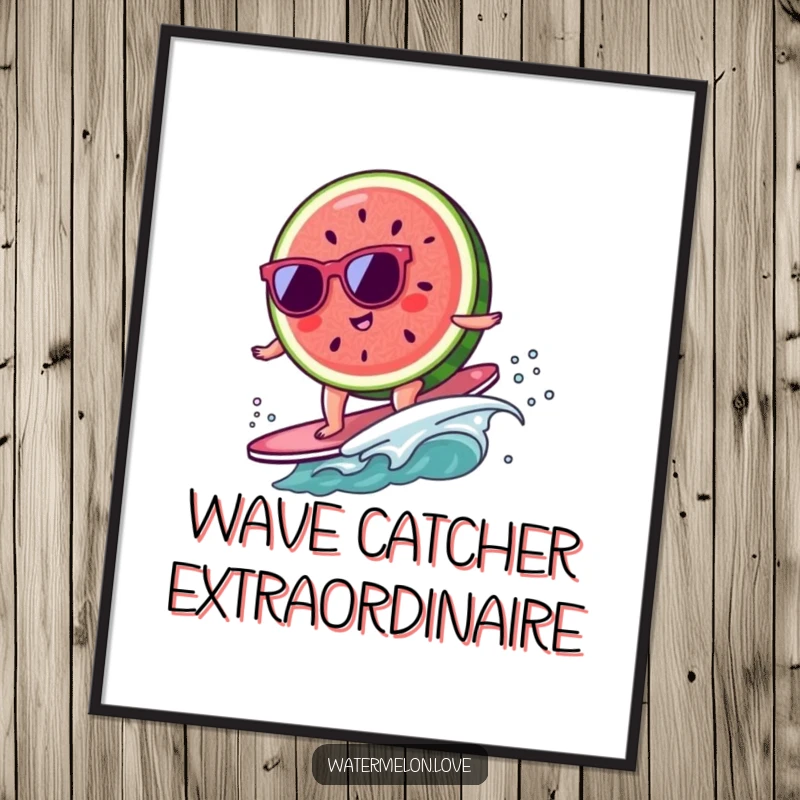 Funny kawaii watermelon slice with sunglasses surfing a tiny wave, a humorous and tropical poster.