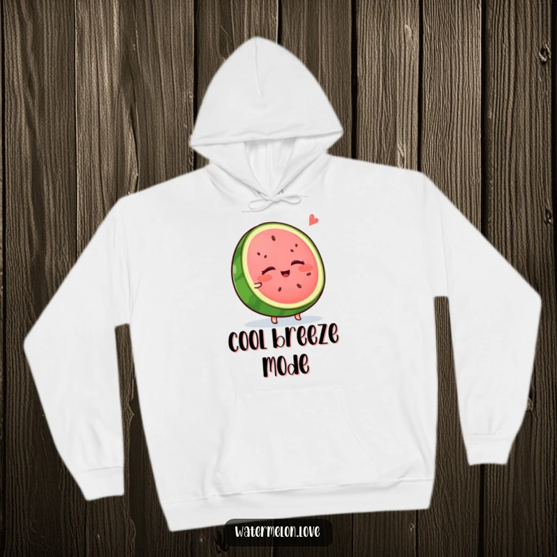 Funny watermelon hoodie, a wobbly anthropomorphic slice with eyes shut, peacefully enjoying a cool breeze, designed for ultimate comfort.