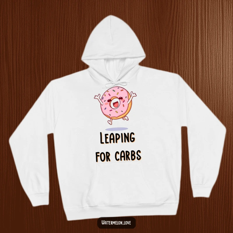 Funny hoodie with a leaping anthropomorphic donut with sprinkles, for cozy, joyful moments.