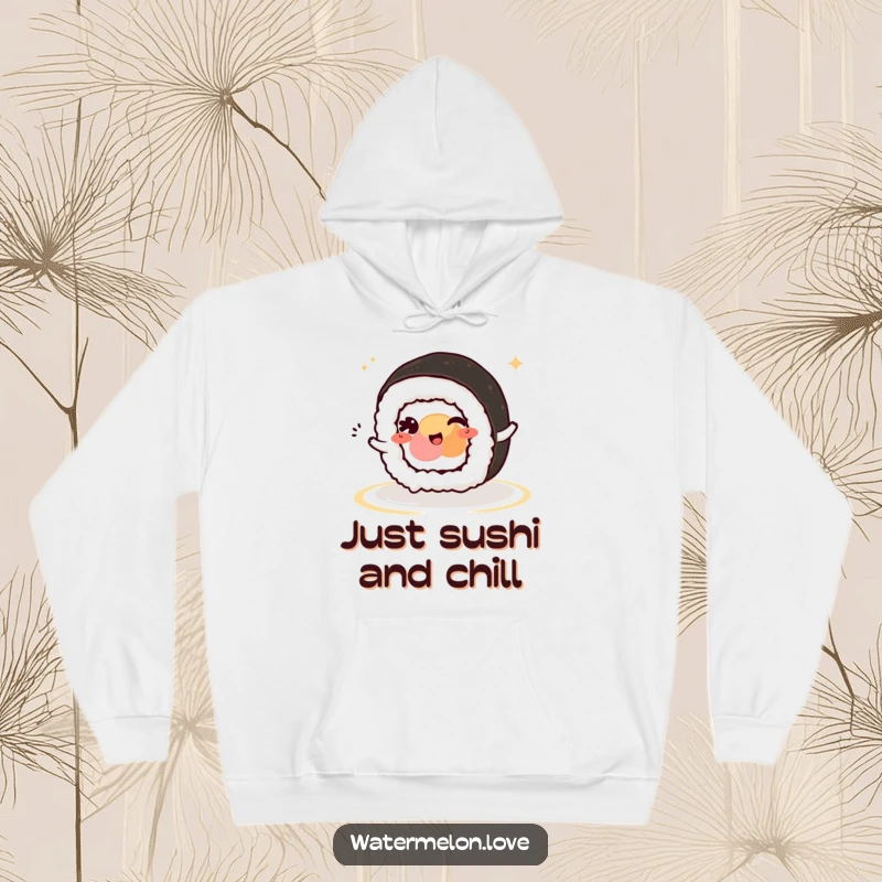 Funny Kawaii Sushi Roll Hoodie: A cute sushi roll character with a wink, designed for maximum coziness and humorous charm.