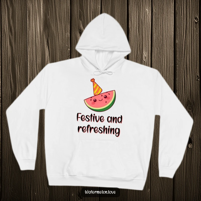 Funny Kawaii watermelon slice hoodie with a party hat, cheering with cozy, fruity fun.