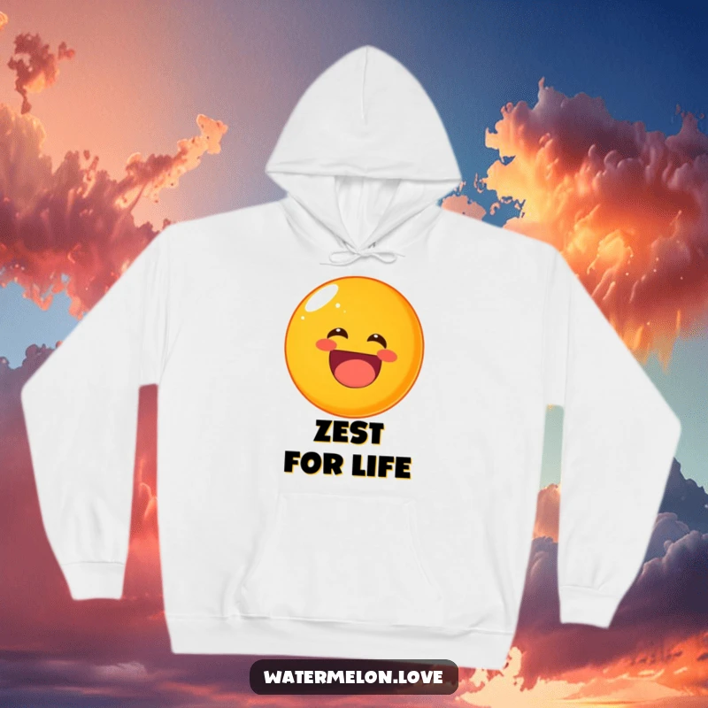 Funny laughing orange hoodie, a comfortable garment featuring a round fruit rolling with infectious laughter.