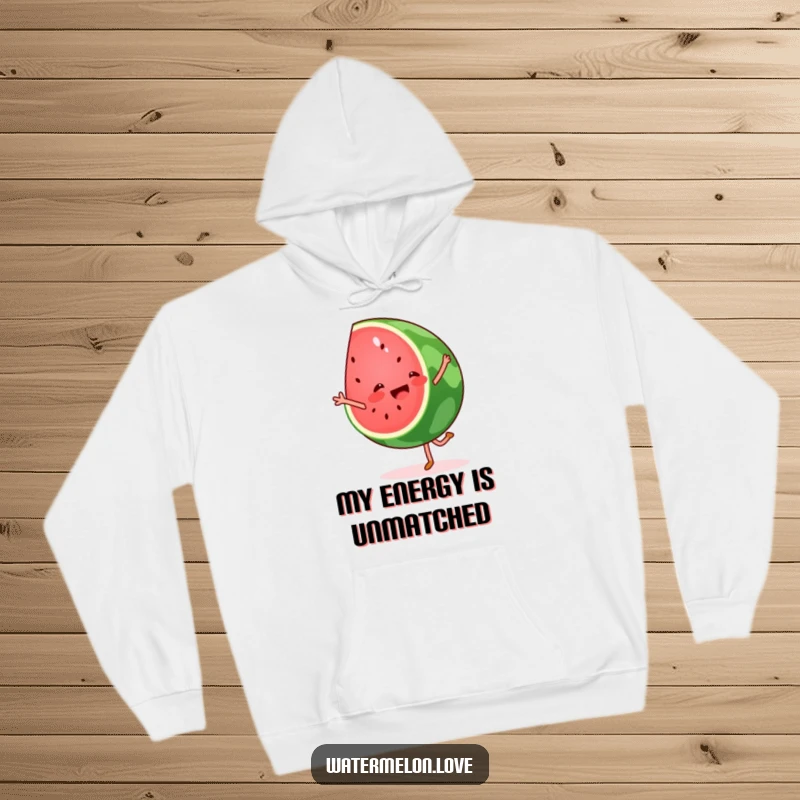 Funny watermelon wedge hoodie depicting a cartwheeling fruit slice, bringing a smile and warmth.