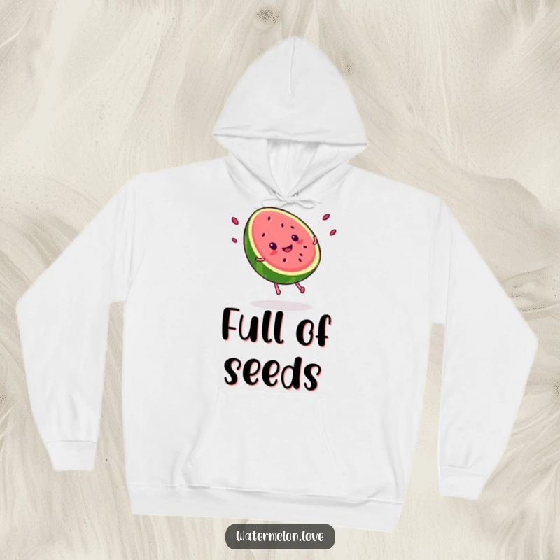 Funny Kawaii smiling watermelon slice doing a cartwheel, seeds flying, cozy and humorous apparel for summer lovers.