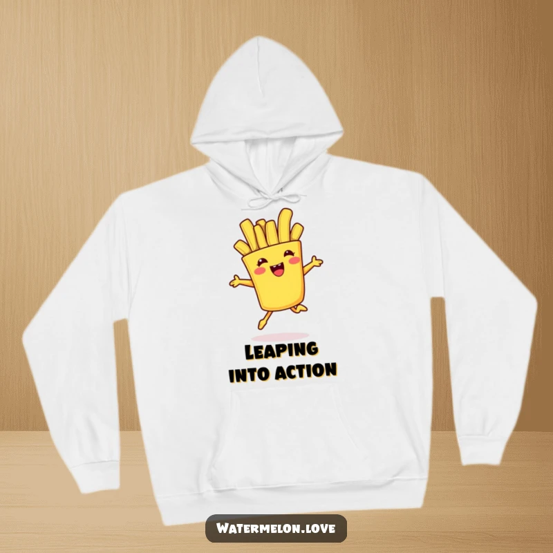 Funny hoodie featuring a cheerful anthropomorphic french fry in a playful jump, offering cozy comfort and food-themed fun.
