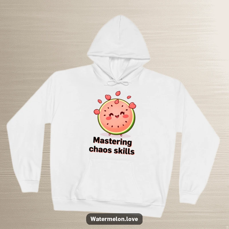 Funny kawaii watermelon slice juggling multiple seeds with a smile, a cozy and humorous hoodie.