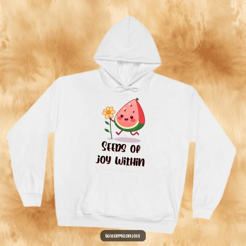 Funny kawaii watermelon character with legs skipping cheerfully with a flower, featured on a cozy hoodie, ideal for a humorous gift.