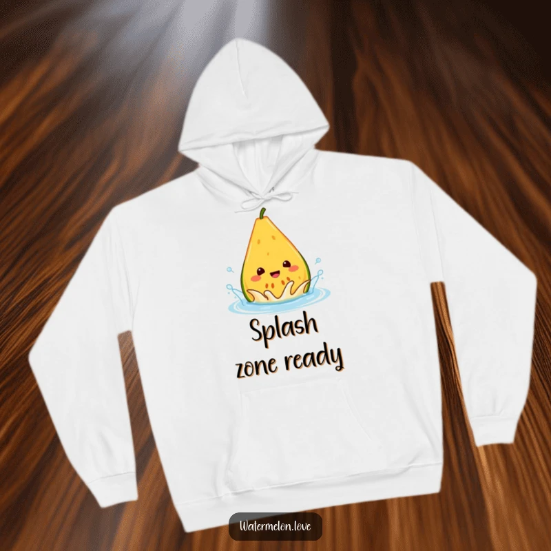 Funny melon hoodie, a cheerful anthropomorphic wedge splashing joyfully in a water droplet, perfect for staying warm and comfy.