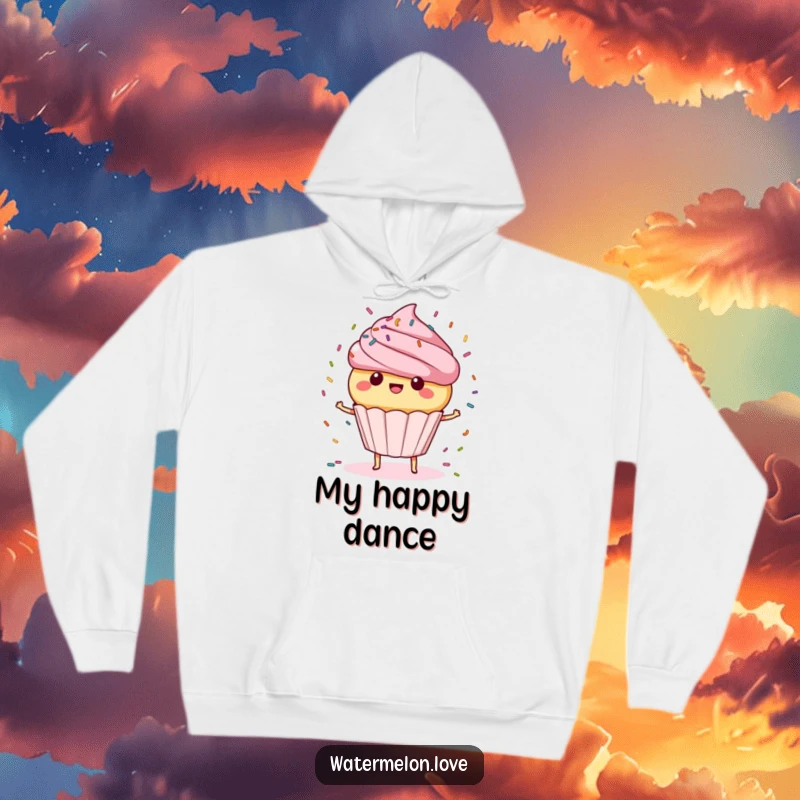 Funny Hoodie: Cupcake character joyfully spinning, surrounded by sprinkles, a cozy funny gift.