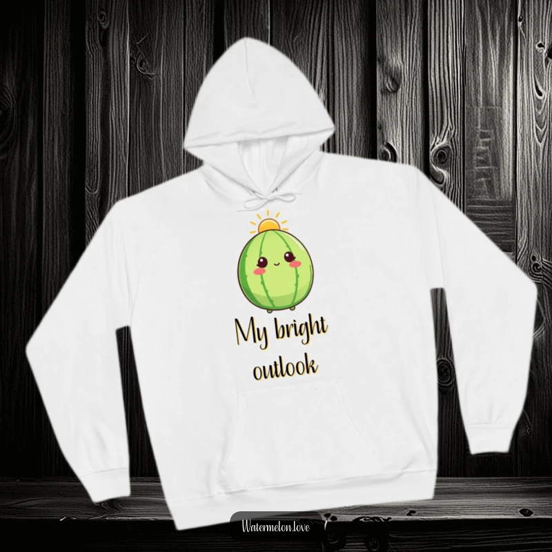 Funny hoodie depicting a watermelon character with a glowing sunshine halo, looking up with peacefulness and inner joy.