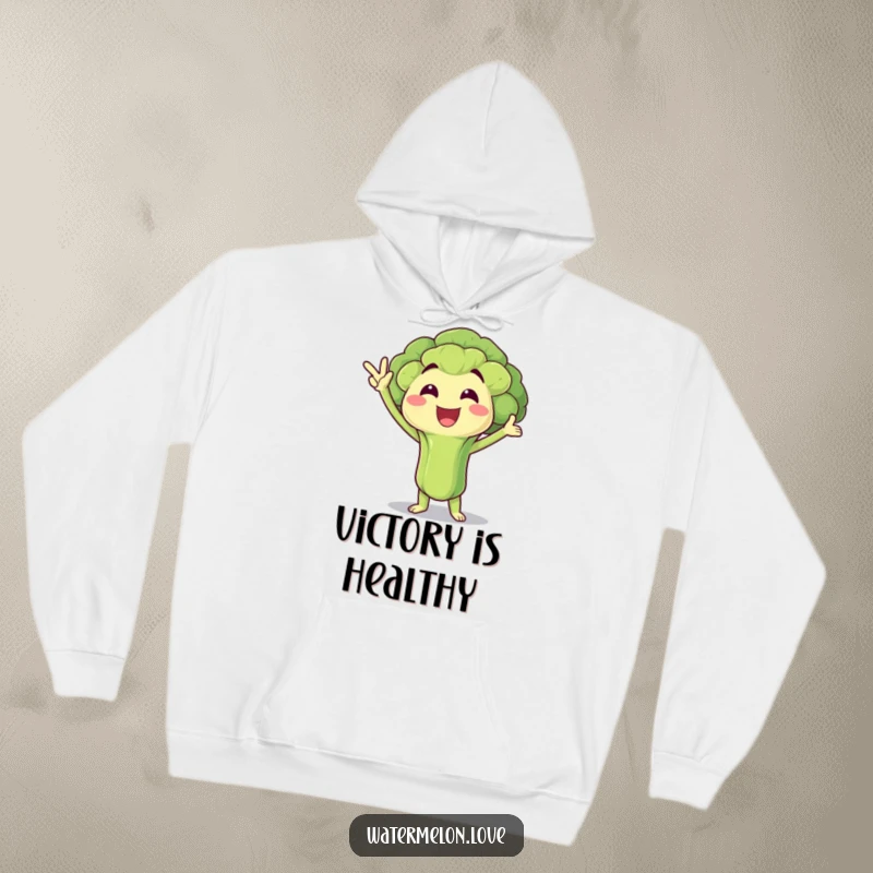 Funny Hoodie: Broccoli floret striking a power pose, cozy and motivational, a fun funny gift.