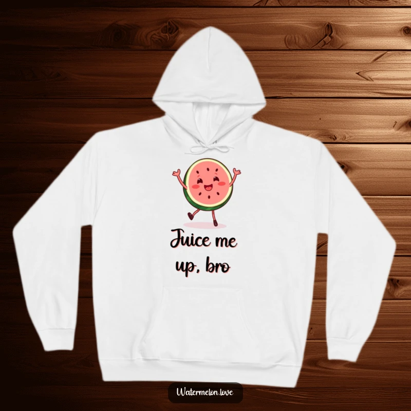 Funny watermelon slice hoodie captured performing a delightful, bouncy dance, showcasing a cheerful and energetic character ready to party.