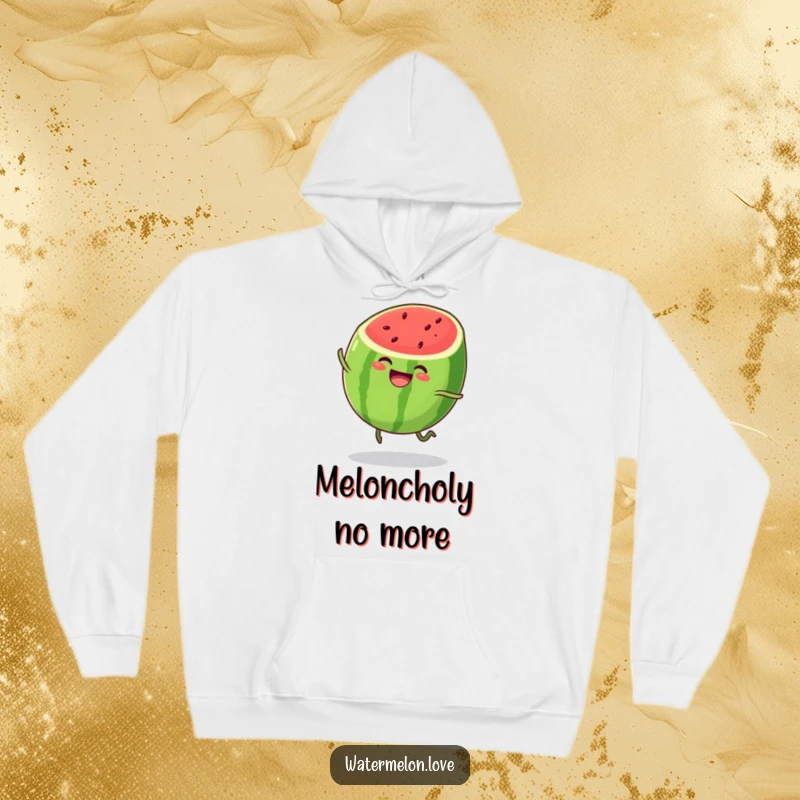 Funny watermelon hoodie, cozy item with anthropomorphic fruit character bouncing joyfully, comfortable and humorous design.